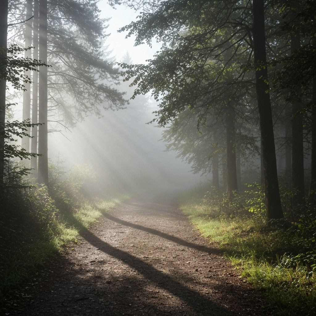 Forest trail with morning fog